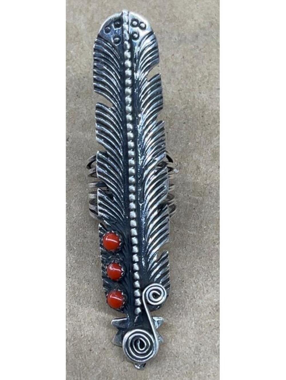 Navajo sterling silver traditional cluster coral feather design ring size 7.5
